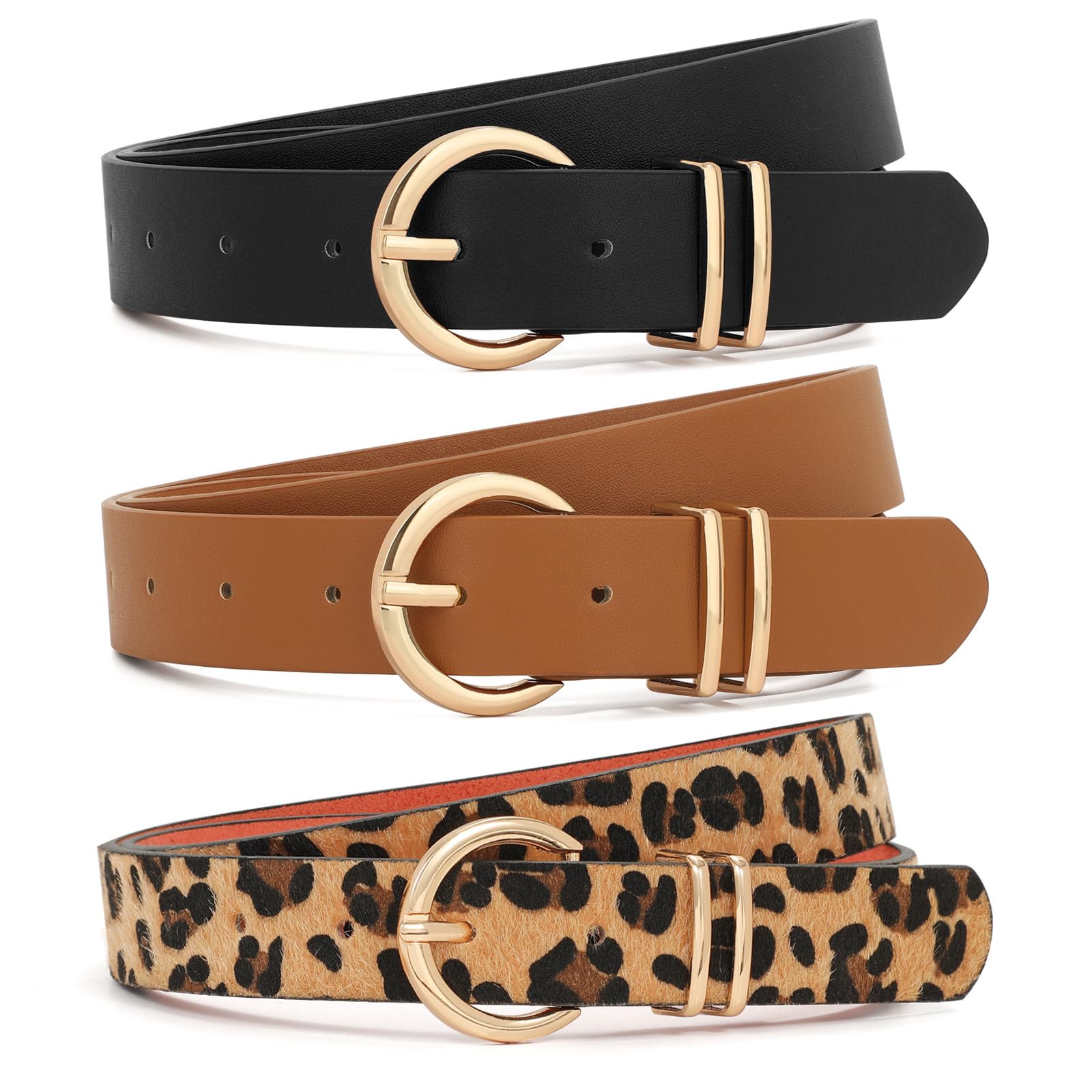 3 Pack Women Belts For Jeans Dresses Pants Ladies Leather Waist Belt with Gold Buckle